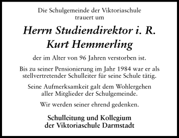 Traueranzeige von Kurt Hemmerling von Darmstädter Echo, Odenwälder Echo, Rüsselsheimer Echo, Groß-Gerauer-Echo, Ried Echo
