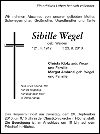 Traueranzeige von Sibille Wegel von Darmstädter Echo, Odenwälder Echo, Rüsselsheimer Echo, Groß-Gerauer-Echo, Ried Echo