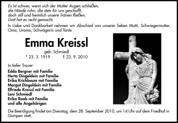 Traueranzeige von Emma Kreisel von Odenwälder Echo
