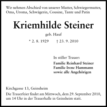 Traueranzeige von Kriemhilde Steiner von Rüsselsheimer Echo, Groß-Gerauer-Echo, Ried Echo