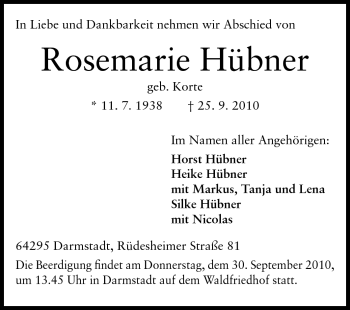 Traueranzeige von Rosemarie Hübner von Darmstädter Echo, Odenwälder Echo, Rüsselsheimer Echo, Groß-Gerauer-Echo, Ried Echo