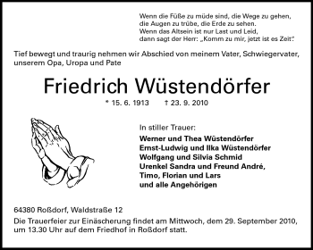 Traueranzeige von Friedrich Wüstendörfer von Echo-Zeitungen (Gesamtausgabe)