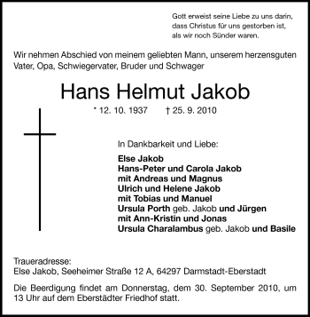 Traueranzeige von Hans Helmut Jakob von Darmstädter Echo, Odenwälder Echo, Rüsselsheimer Echo, Groß-Gerauer-Echo, Ried Echo