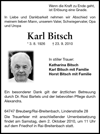 Traueranzeige von Karl Bitsch von Odenwälder Echo