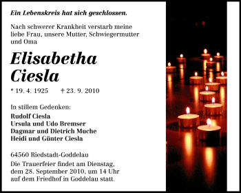 Traueranzeige von Elisabetha Ciesla von Rüsselsheimer Echo, Groß-Gerauer-Echo, Ried Echo
