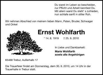 Traueranzeige von Ernst Wohlfarth von Rüsselsheimer Echo, Groß-Gerauer-Echo, Ried Echo
