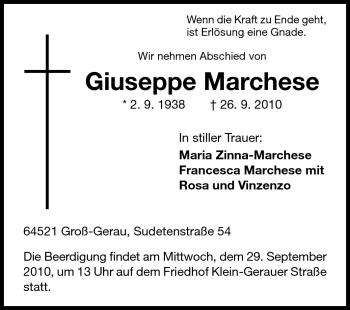 Traueranzeige von Giuseppe Marchese von Darmstädter Echo, Odenwälder Echo, Rüsselsheimer Echo, Groß-Gerauer-Echo, Ried Echo