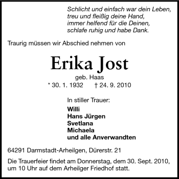 Traueranzeige von Erika Jost von Echo-Zeitungen (Gesamtausgabe)