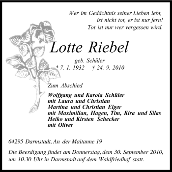 Traueranzeige von Lotte Riebel von Echo-Zeitungen (Gesamtausgabe)