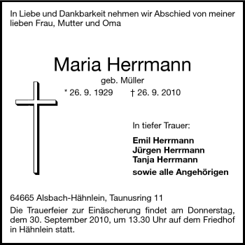 Traueranzeige von Maria Herrmann von Echo-Zeitungen (Gesamtausgabe)