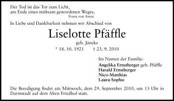 Traueranzeige von Liselotte Pfäffle von Darmstädter Echo, Odenwälder Echo, Rüsselsheimer Echo, Groß-Gerauer-Echo, Ried Echo