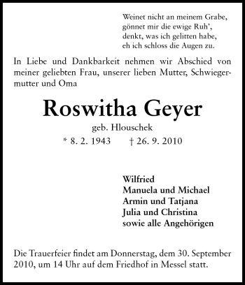 Traueranzeige von Roswitha Geyer von Darmstädter Echo, Odenwälder Echo, Rüsselsheimer Echo, Groß-Gerauer-Echo, Ried Echo