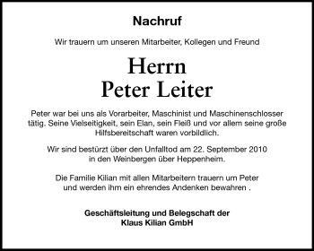 Traueranzeige von Peter Leiter von Odenwälder Echo