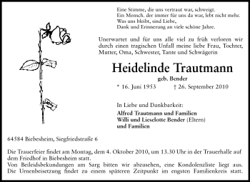 Traueranzeige von Heidelinde Trautmann von Darmstädter Echo, Odenwälder Echo, Rüsselsheimer Echo, Groß-Gerauer-Echo, Ried Echo