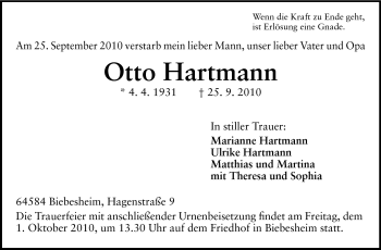 Traueranzeige von Otto Hartmann von Rüsselsheimer Echo, Groß-Gerauer-Echo, Ried Echo