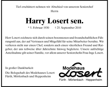 Traueranzeige von Harry Losert von Starkenburger Echo