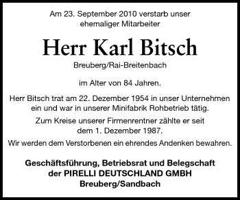 Traueranzeige von Karl Bitsch von Odenwälder Echo