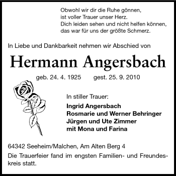 Traueranzeige von Hermann Angersbach von Echo-Zeitungen (Gesamtausgabe)