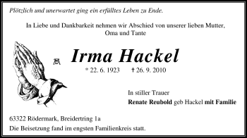 Traueranzeige von Irma Hackel von Odenwälder Echo