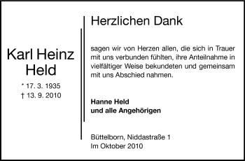 Traueranzeige von Karl Heinz Held von Rüsselsheimer Echo, Groß-Gerauer-Echo, Ried Echo