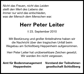 Traueranzeige von Peter Leiter von Echo-Zeitungen (Gesamtausgabe)