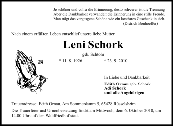 Traueranzeige von Leni Schork von Rüsselsheimer Echo, Groß-Gerauer-Echo, Ried Echo