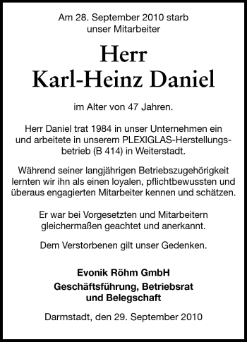 Traueranzeige von Karl-Heinz Daniel von Echo-Zeitungen (Gesamtausgabe)
