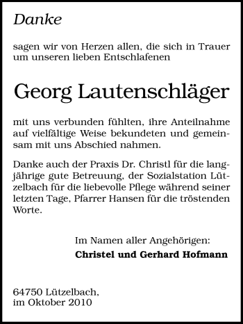 Traueranzeige von Georg Lautenschläger von Odenwälder Echo