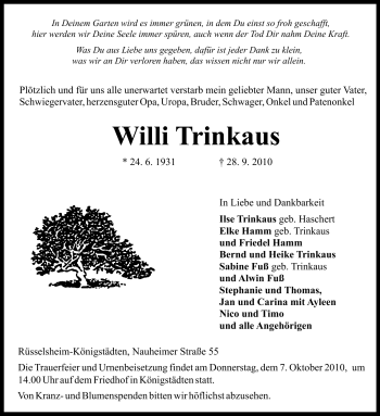 Traueranzeige von Willi Trinkaus von Rüsselsheimer Echo, Groß-Gerauer-Echo, Ried Echo
