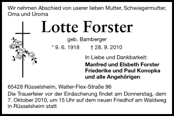 Traueranzeige von Lotte Forster von Rüsselsheimer Echo, Groß-Gerauer-Echo, Ried Echo