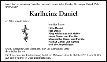 Traueranzeige von Karlheinz Daniel von Echo-Zeitungen (Gesamtausgabe)