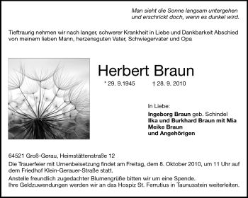 Traueranzeige von Herbert Braun von Rüsselsheimer Echo, Groß-Gerauer-Echo, Ried Echo
