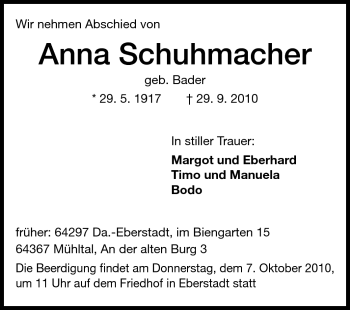 Traueranzeige von Anna Schuchmann von Darmstädter Echo, Odenwälder Echo, Rüsselsheimer Echo, Groß-Gerauer-Echo, Ried Echo