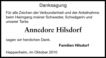 Traueranzeige von Annedore Hilsdorf von Starkenburger Echo