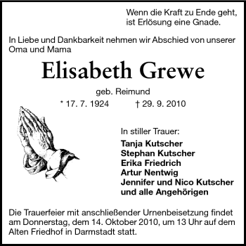 Traueranzeige von Elisabeth Grewe von Darmstädter Echo, Odenwälder Echo, Rüsselsheimer Echo, Groß-Gerauer-Echo, Ried Echo