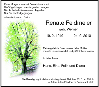 Traueranzeige von Renate Feldmeier von Echo-Zeitungen (Gesamtausgabe)