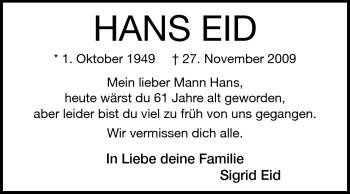 Traueranzeige von Hans Eid von Darmstädter Echo, Odenwälder Echo, Rüsselsheimer Echo, Groß-Gerauer-Echo, Ried Echo
