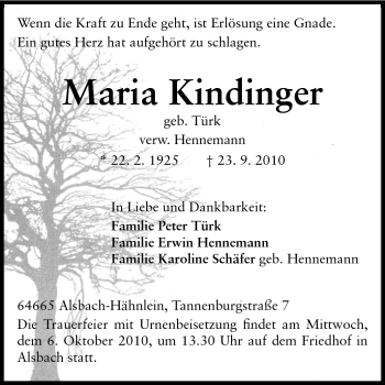 Traueranzeige von Maria Kindinger von Echo-Zeitungen (Gesamtausgabe)