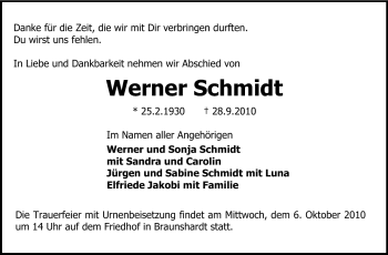 Traueranzeige von Werner Schmidt von Echo-Zeitungen (Gesamtausgabe)
