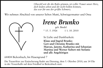 Traueranzeige von Irene Brunko von Echo-Zeitungen (Gesamtausgabe)