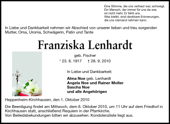 Traueranzeige von Franziska Lenhardt von Starkenburger Echo