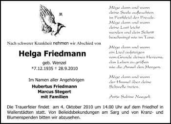 Traueranzeige von Helga Friedmann  von Rüsselsheimer Echo, Groß-Gerauer-Echo, Ried Echo