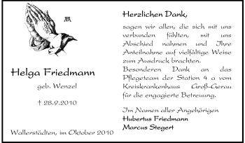 Traueranzeige von Helga Friedmann  von Rüsselsheimer Echo, Groß-Gerauer-Echo, Ried Echo