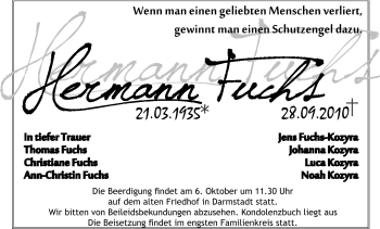 Traueranzeige von Hermann Fuchs von Echo-Zeitungen (Gesamtausgabe)