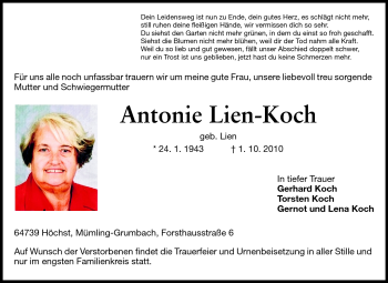 Traueranzeige von Antonie Lien-Koch von Odenwälder Echo