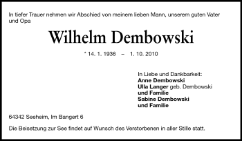 Traueranzeige von Wilhelm Dembowski von Echo-Zeitungen (Gesamtausgabe)
