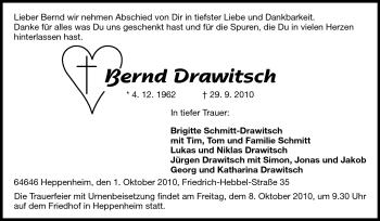 Traueranzeige von Bernd Drawitsch von Starkenburger Echo