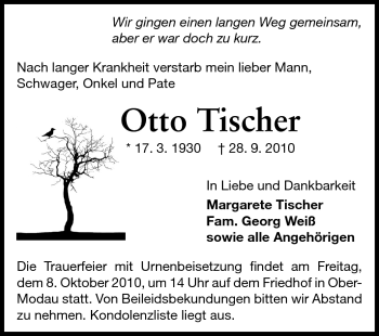 Traueranzeige von Otto Tischer von Darmstädter Echo, Odenwälder Echo, Rüsselsheimer Echo, Groß-Gerauer-Echo, Ried Echo