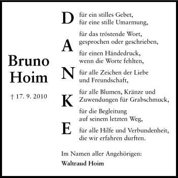 Traueranzeige von Bruno Hoim von Echo-Zeitungen (Gesamtausgabe)