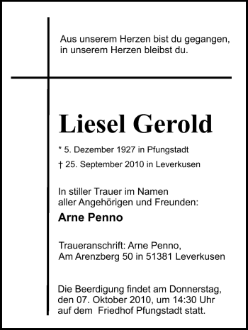 Traueranzeige von Liesel Gerold von Darmstädter Echo, Odenwälder Echo, Rüsselsheimer Echo, Groß-Gerauer-Echo, Ried Echo